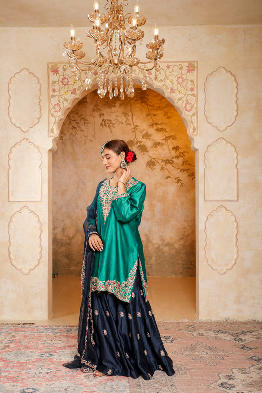 Emerald Green and Navy Blue Sharara Set