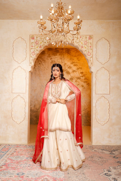 Elegant Ivory and Red Embroidered Sharara Set