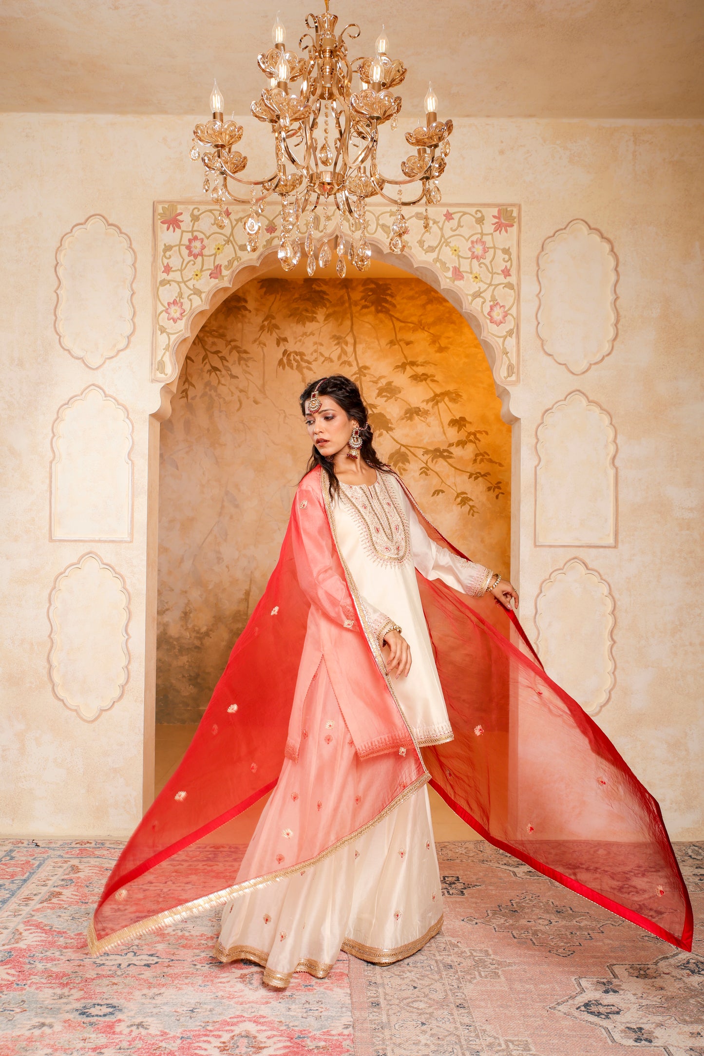 Elegant Ivory and Red Embroidered Sharara Set