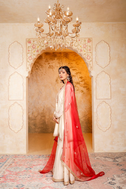 Elegant Ivory and Red Embroidered Sharara Set