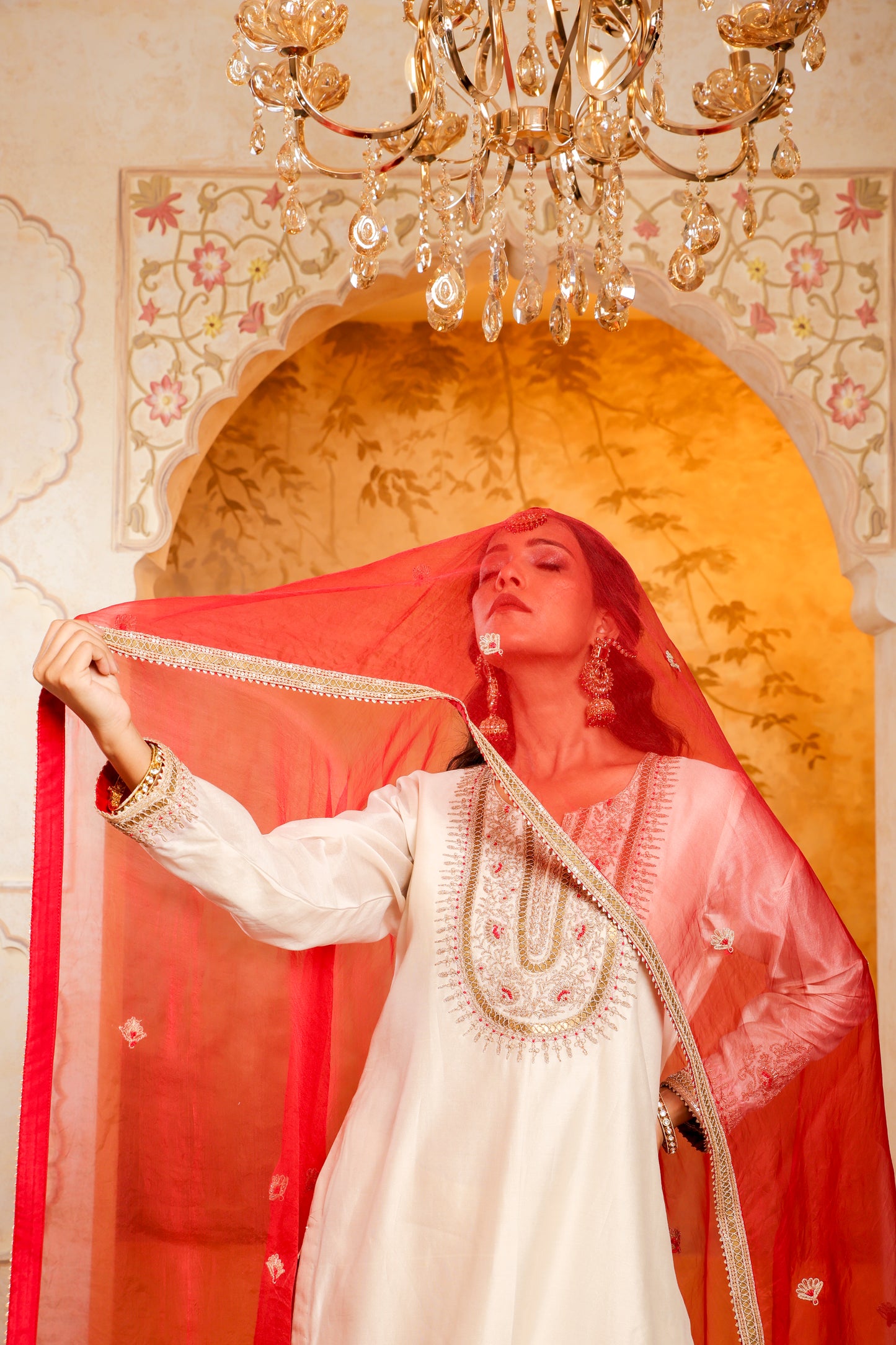 Elegant Ivory and Red Embroidered Sharara Set