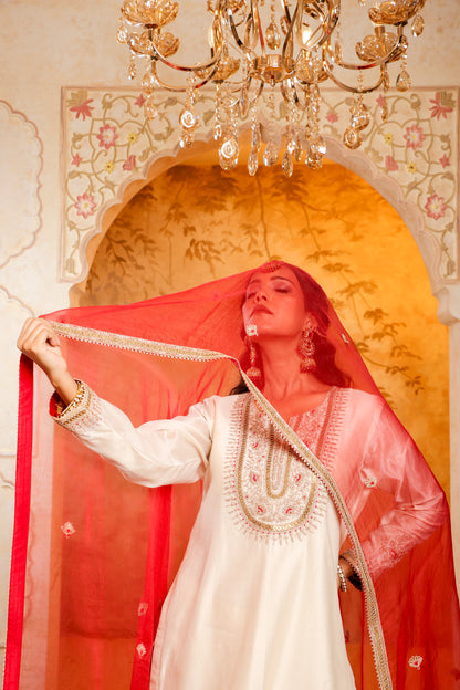 Elegant Ivory and Red Embroidered Sharara Set