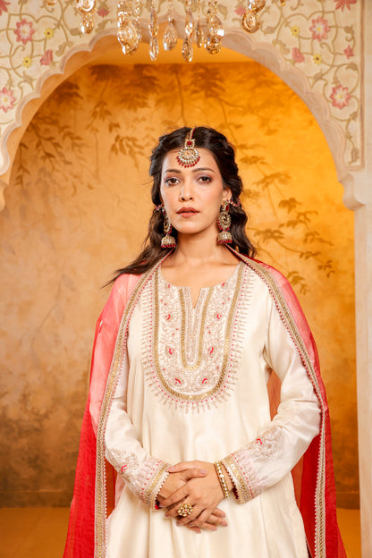 Elegant Ivory and Red Embroidered Sharara Set