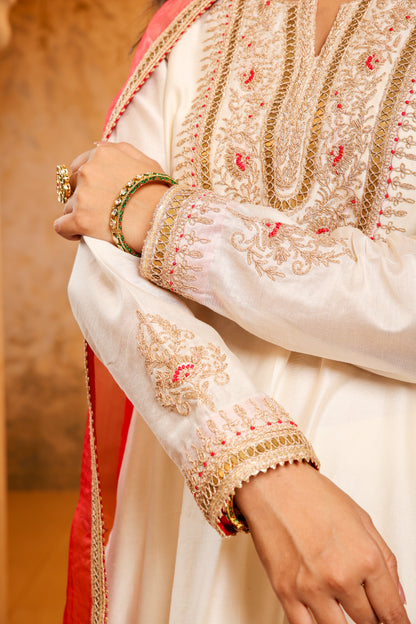 Elegant Ivory and Red Embroidered Sharara Set