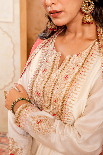 Elegant Ivory and Red Embroidered Sharara Set