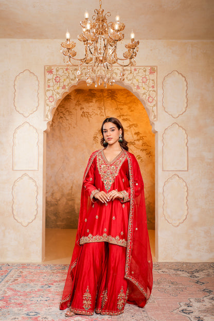 Regal Red Embroidered Sharara Set