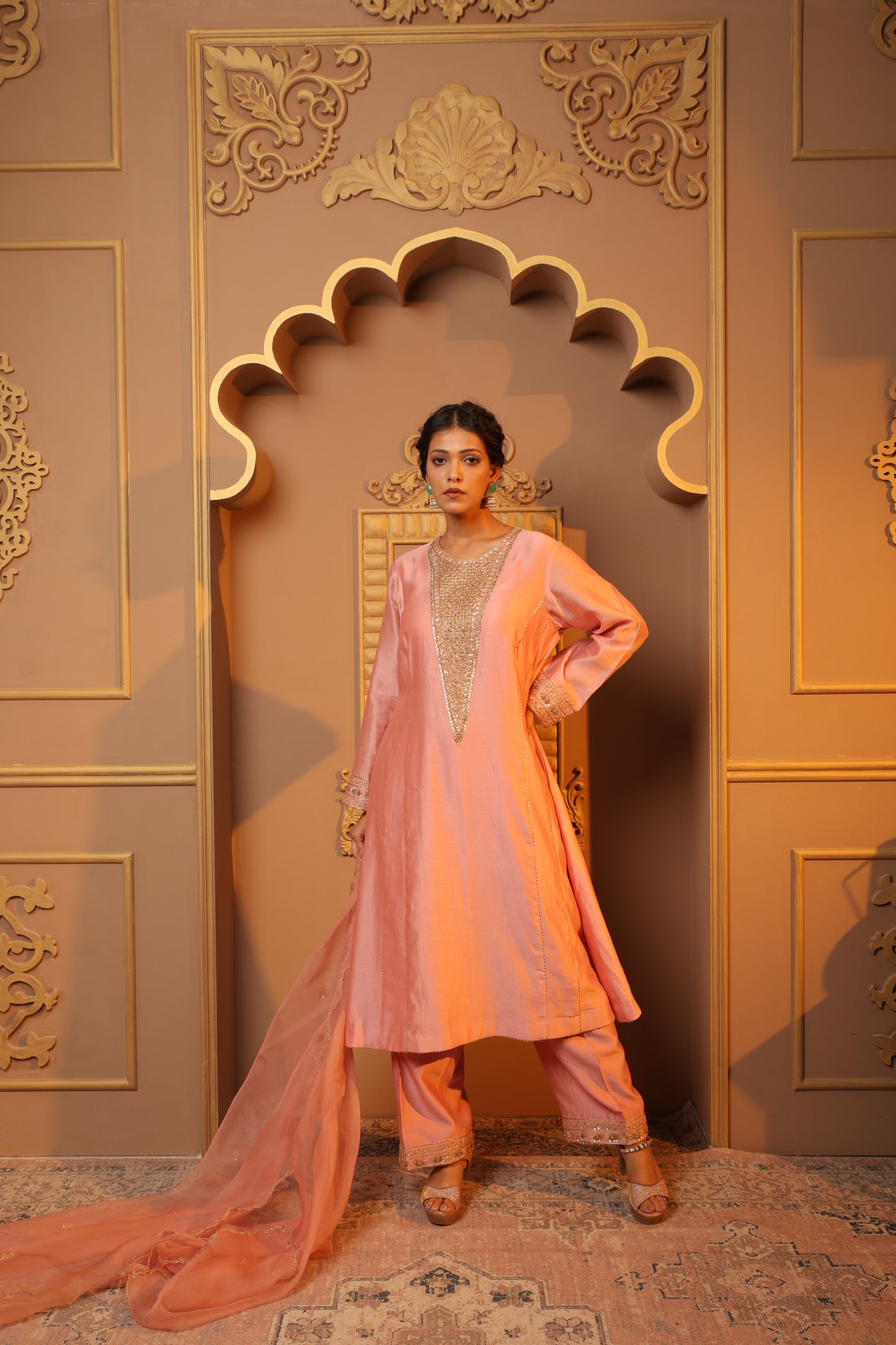 Salmon Pink Embroidery Suit Set