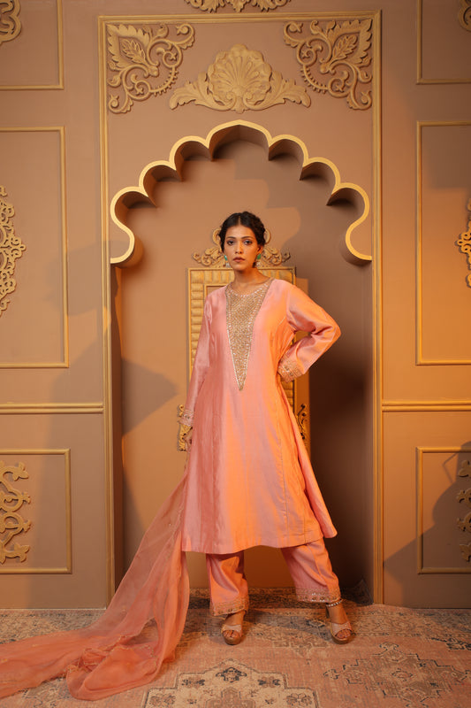 Salmon Pink Embroidery Suit Set