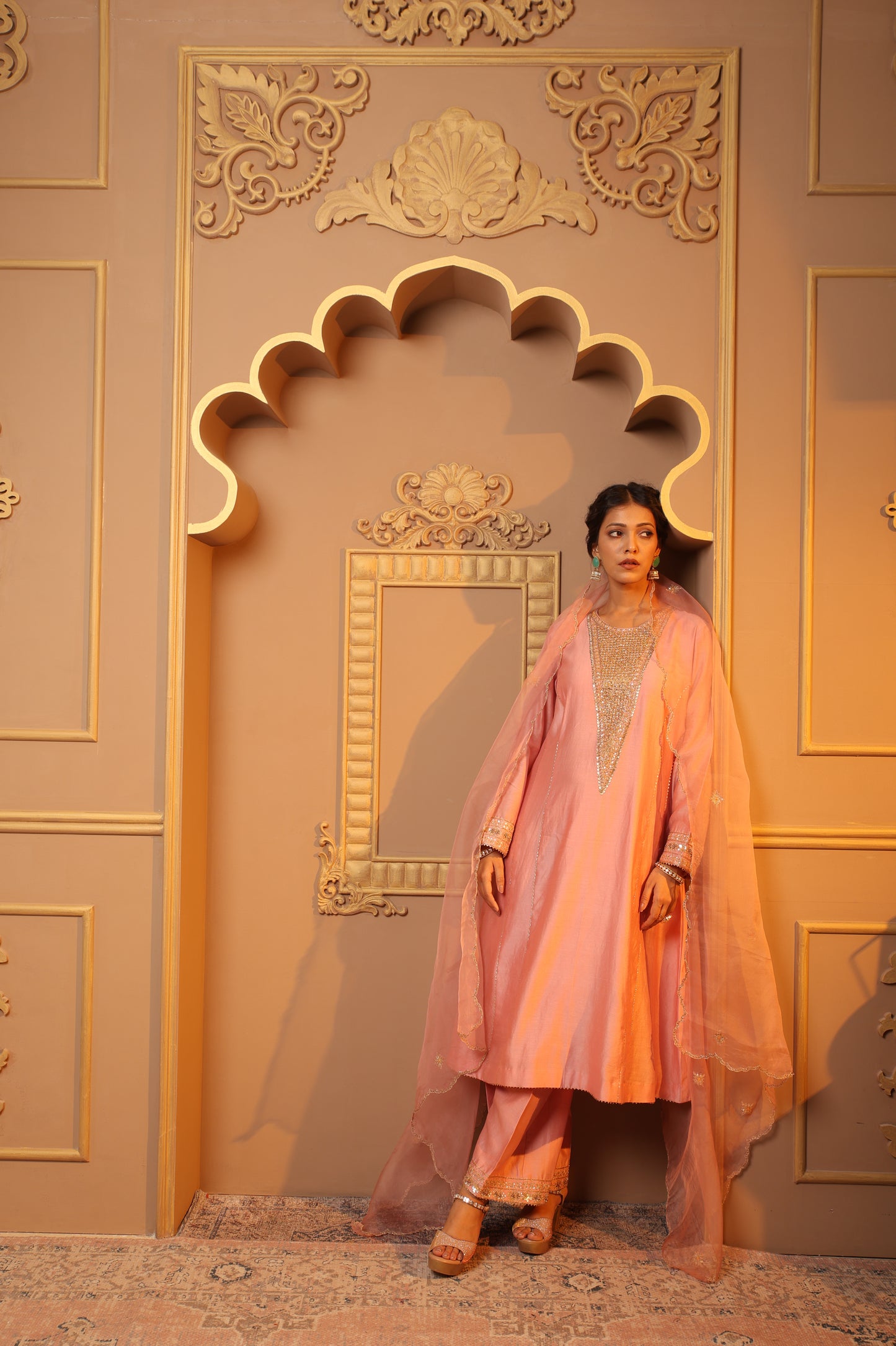 Salmon Pink Embroidery Suit Set