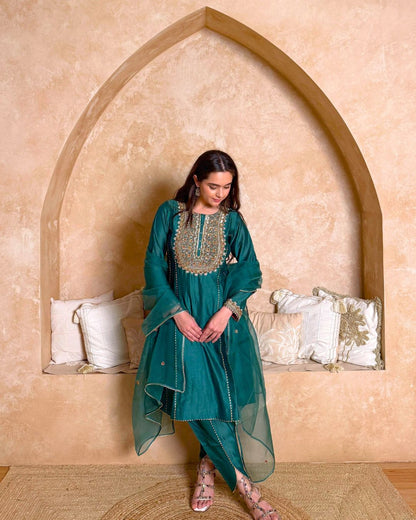 The Emerald Green Hand Embroidered Kurta Set