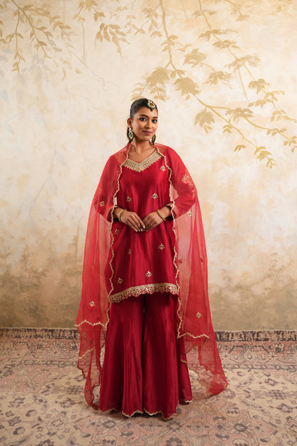 The Crimson Red Hand Embroidered Sharara Set