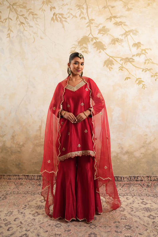 The Crimson Red Hand Embroidered Sharara Set