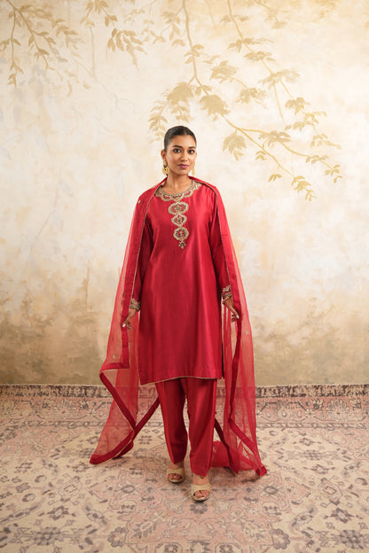 The Red Embroidered Kurta Set