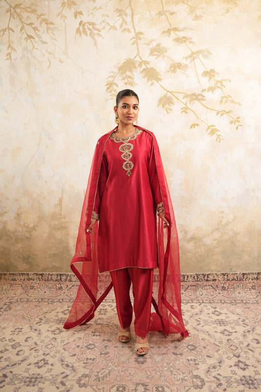 The Red Embroidered Kurta Set